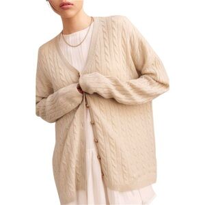Reformation Giusta Cable Knit Cashmere Oversized Beige Cardigan XL
